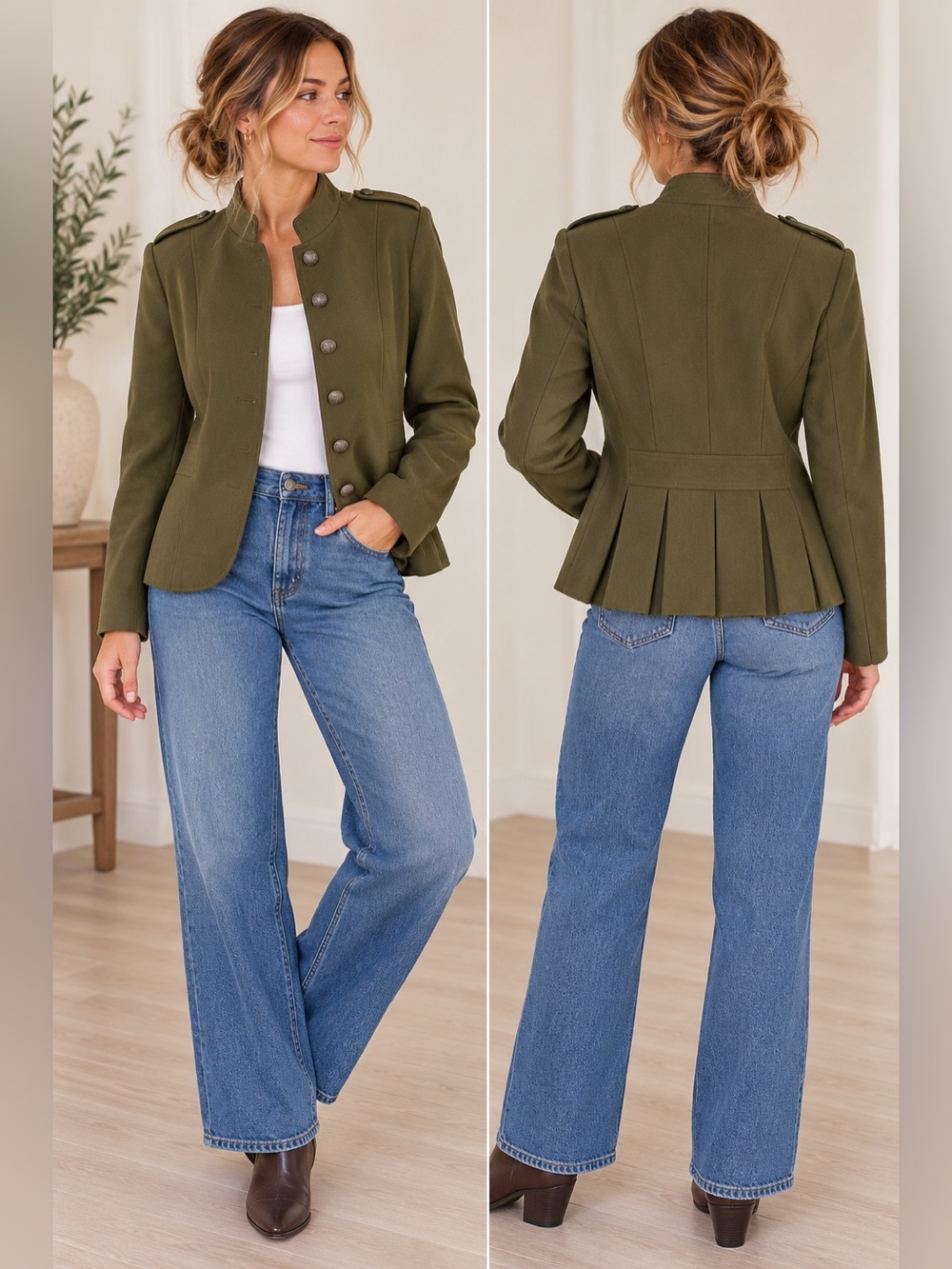 John Meyer of Norwich Olive Military Cadet Peplum Blazer Jacket Size 8